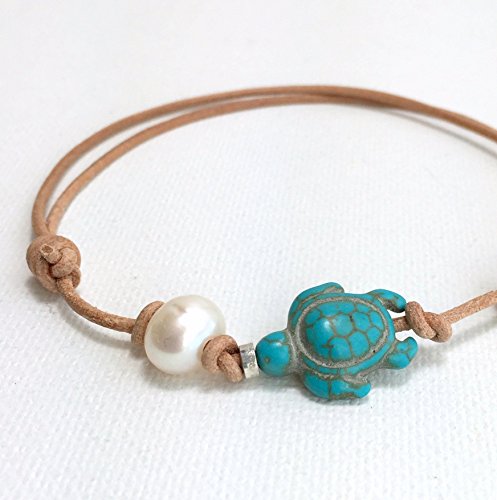 Leather Anklet with Freshwater Pearl and Sea Turtle