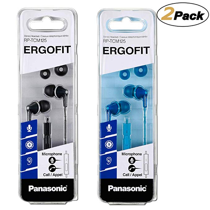 Panasonic ErgoFit Earbud Headphones with Mic and Controller RP-TCM125-K/A, (Black Blue) [2Pack]