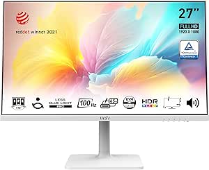 MSI Modern MD272XPW 27 Inch FHD Office Monitor - 1920 x 1080 IPS Panel, 100 Hz, Eye-Friendly Screen, HDR Ready, Built-in Speakers, 4-Way Adjustable, KVM - DP 1.2a, HDMI 1.4b, USB Type-C