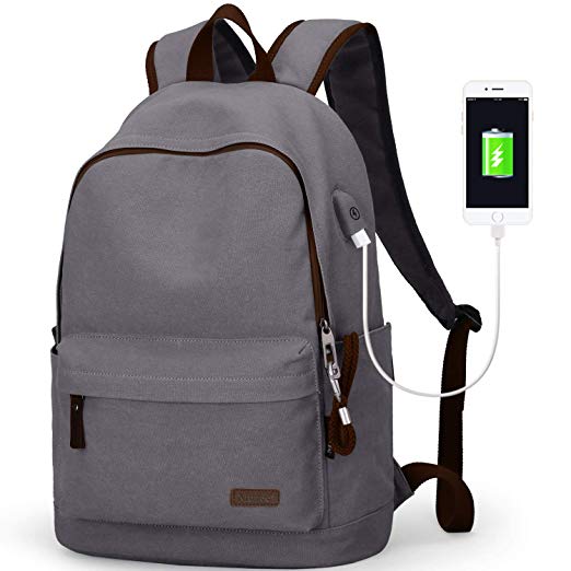 Muzee Canvas Backpack with USB Charging Port for Men Women, Lightweight Anti-Theft Travel Daypack College Student Rucksack Fits up to 15.6 inch Laptop Backpack