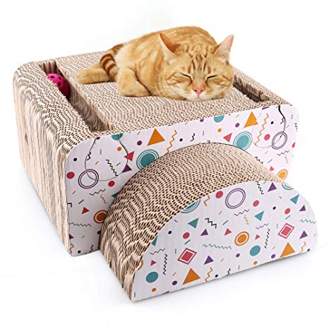 PrimePets Cat Scratcher Cardboard, Recycle Corrugated Cat Scratching Pads Loung with Catnip and Ball Toys, 2-in-1 Removable Sofa Scratcher Refills Insert for Protecting Furniture