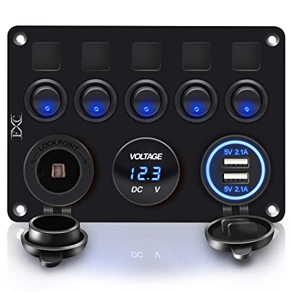 FXC 5 Gang Rocker Switch Panel with Dual USB Slot Socket 5V 4.2A   Cigarette Lighter   Voltmeter for Marine Boat Car Rv Vehicles Truck 12-24V Waterproof Blue LED (5B Blue)