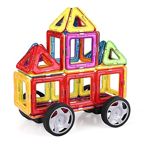INTEY Toddler Toys Magnetic Building Blocks 32 Pcs Educational Magnetic Blocks Standard Set with Wheel