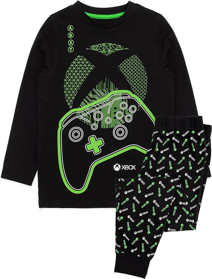 Xbox Pyjamas For Boys | Kids Black Green Gamer T-Shirt & Leggings Trousers Pjs | Game Console Controller Merchandise Gifts