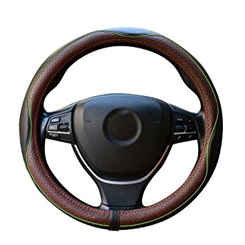 ZATOOTO Genuine Leather Car Steering Wheel Cover Luxury Breathable Antiskid (Brown)