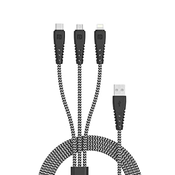 Portronics Konnect Spydr 31 3-in-1 Multi Functional Cable with 3.0A Output, Tangle Resistant, 1.2M Length, Nylon Braided(Zebra)