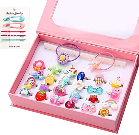 24Pcs little girls jewelry rings with box, little girls rings adjustable, kids rings for girls, girl pretend play and dress up rings no duplication, little girls gift with snap hair clips/hair tie