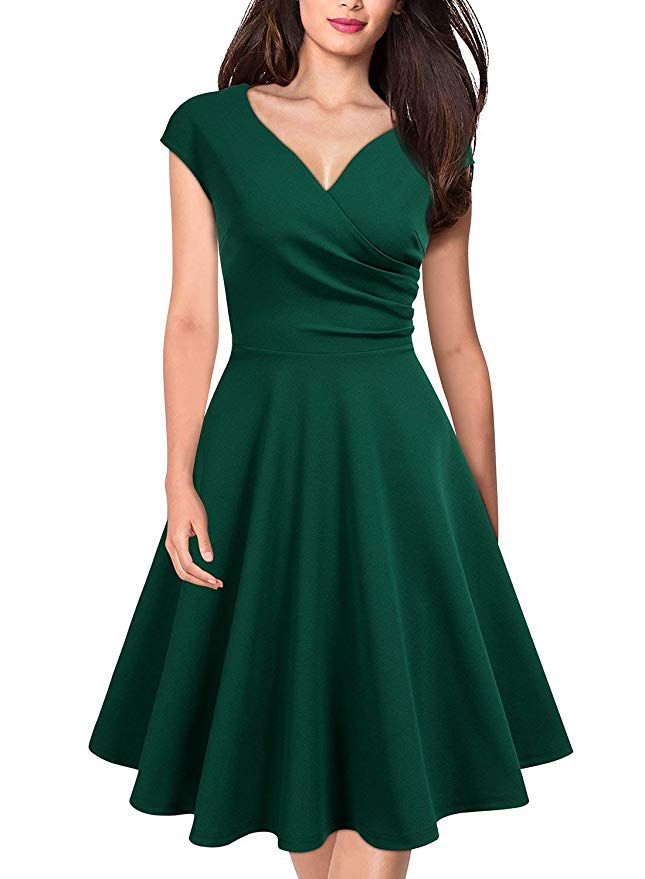 MISSMAY Women's Retro Deep V Neck Cap Sleeve Cocktail Party Fit and Flare Dress