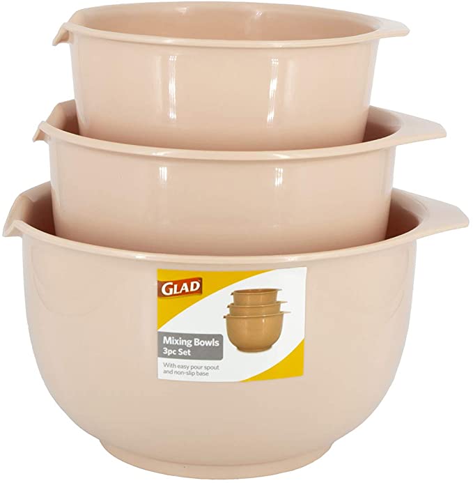 Glad Mixing Bowls with Pour Spout, Set of 3 | Nesting Design Saves Space | Non-Slip, BPA Free, Dishwasher Safe | Kitchen Cooking and Baking Supplies, Blush Pink