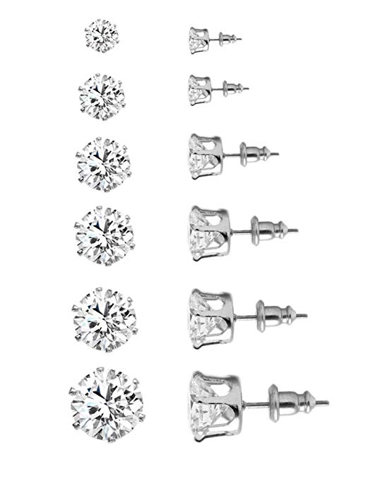 Bellina ❤ Set of 6 Style Essential Stainless Pierced Steel CZ Stud Earrings Round Clear Cubic Zirconia 6 Pairs 3-8 mm Hypoallergenic Studs Set
