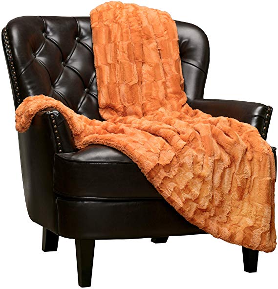 Chanasya Super Soft Fuzzy Faux Fur Elegant Rectangular Embossed Throw Blanket - Fluffy Plush Sherpa Microfiber Blanket for Bed Couch Living Room Fall Winter Spring Throw Blanket (60x70) - Orange