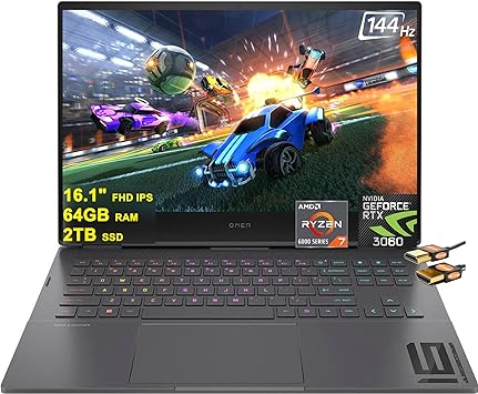 HP Omen 16 Gaming Laptop 16.1" FHD IPS 144Hz 7ms (100% sRGB) AMD Octa-core Ryzen 7 6800H Processor 64GB RAM 2TB SSD Geforce RTX 3060 6GB RGB Backlit USB-C B&O Win11 Black + HDMI Cable