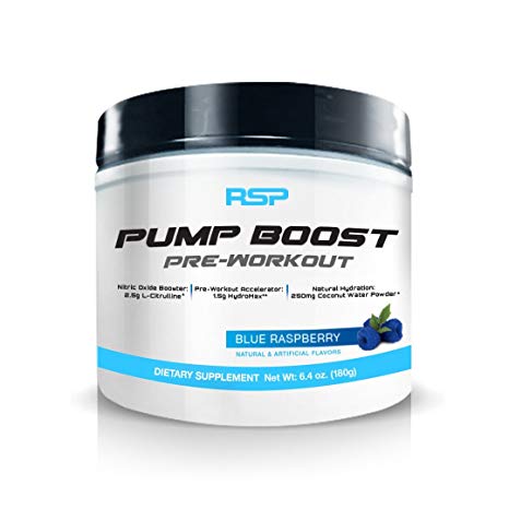 RSP Pump Boost - Stimulant Free Pre Workout & Nitric Oxide Booster, N.O. Boost for Enhanced Pumps, Energy Boost, and Improved Training Endurance, Blue Raspberry, 1 Month Supply