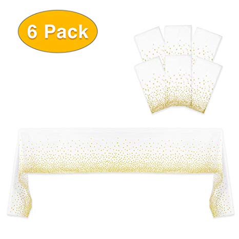 Resonating Designs Gold Dot Confetti Tablecloth - Pack of 6 Plastic Rectangle Kitchen and Picnic Table Covers - Disposable Gold Party Decorations for Birthday, Graduation, Wedding - 54 x 108 Inch