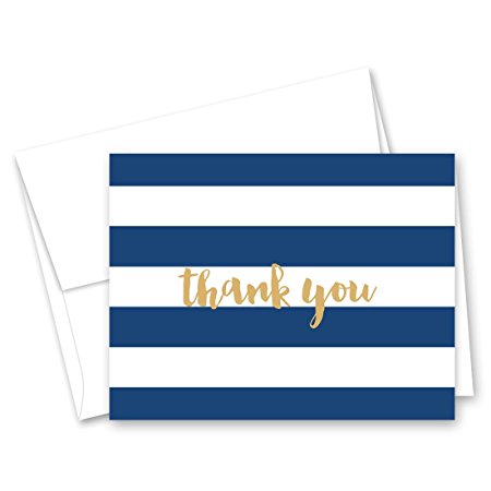 50 Horizontal Stripes Script Thank You Cards (Navy-Gold)