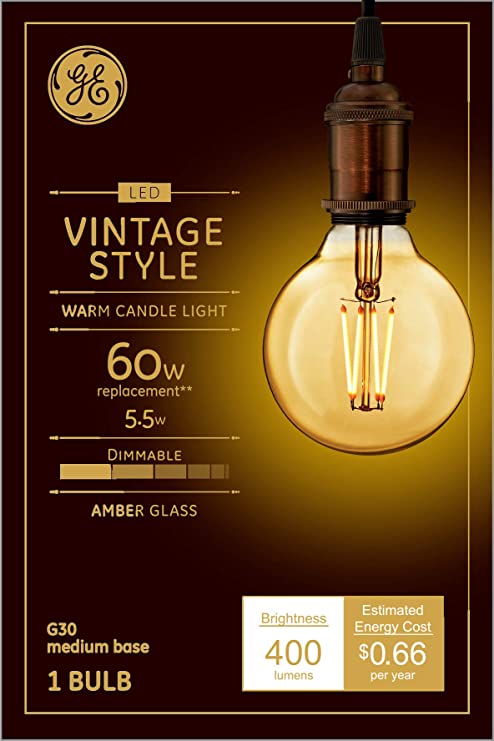 GE Lighting 42183 Clear Finish Light Bulb Dimmable LED Vintage Style G30 5.5 (60-Watt Replacement), 400-Lumen Medium Base, 1-Pack, Amber Glass