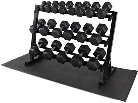 WF Athletic Supply Rubber Coated Hex Dumbbell Set, Multiple Choices Available - Dumbbells with Rack Stand and Mat, or Dumbbells Only (200/550/1200/2100/3000 LB)