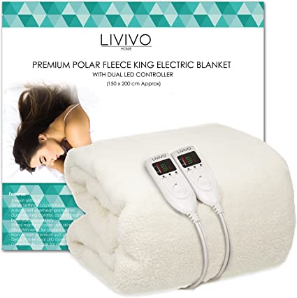 LIVIVO ® Premium Polar Fleece Electric Blanket with Dual LED Controller –Soft and Comfortable Heated Fitted Mattress Cover Sheet with 5 Heat Settings and Timer Function – Overheat Protection (King)