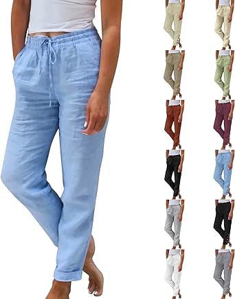 Linen Pants Women Drawstring Elastic Waist Casual Trousers Solid Straight Leg Ankle Length Cropped Pants with Pockets