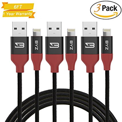 BYZ iPhone Charger Lightning Cable 6ft/1.8m [3 packs] Nylon Braided USB cable Sync & Charging Cord for iPhone 7 Plus 7 6S Plus 6 Plus SE 5S 5C 5, iPad 2 3 4 Mini, iPad Pro Air, iPod -Black&Red