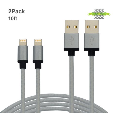 2Pack 10Ft Grey Nylon Braided 8Pin iPhone Lightning Cable Durable and Fastly Charging Cord with Aluminum Connector Sync/Charge for iPhone 6S,6S Plus,6,6 Plus,5,5s,5c,iPod 7,iPad Pro,iPad Mini.