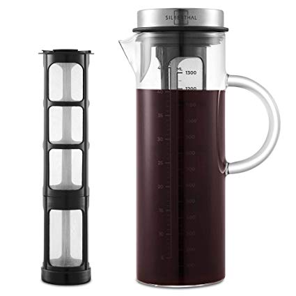 SILBERTHAL Cold Brew Coffee Maker - Glass & Stainless Steel - Long Insert for Iced Coffee & Tea - 1.3L