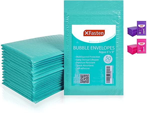 XFasten Bubble Mailers Padded Envelopes 6" x 9", Aqua (50-Pack) Self-Sealing and Tamper-Proof Bubble Lined Padded Mailing Envelopes for Packing and Shipping