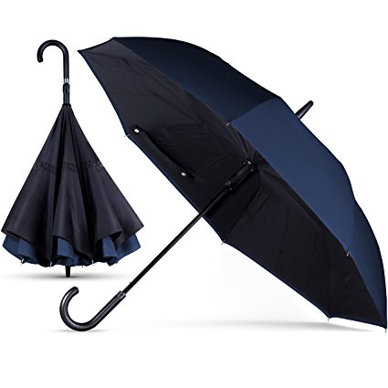 Anyweather Reversible Inverted Automatic Open Umbrella Leather J Handle, Large