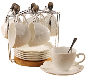 Porcelain Tea Cup and Saucer Coffee Cup Set with Saucer and Spoon 20 pc, Set of 6 SI-BFLY-W