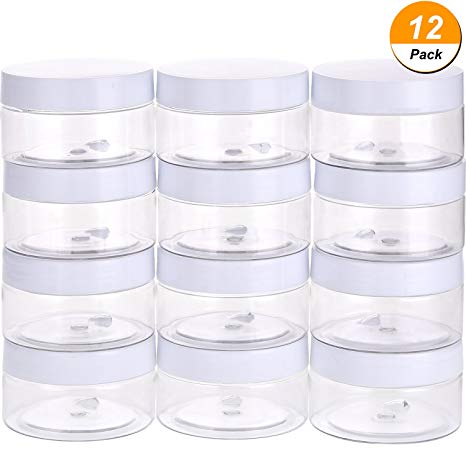 Chuangchou Empty Clear Plastic Slime Storage Favor Jars Wide-mouth Plastic Containers with White Lids (12 Pack) for Beauty Products, DIY Slime Making or Others (4 oz)