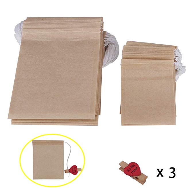 Benail 300 Pack Paper Tea Filter Bags with Drawstring Disposable Paper Tea Bags Unbleached Empty Paper Bag with 3 Clips as Bonus(Unbleached) 200 pcs 6.2 x 8cm, 100 pcs 8 x 10cm