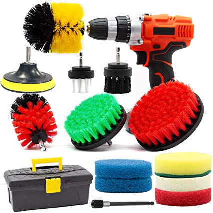 Drill Brush and Scrub Pads, GOH DODD 15 Pieces Power Scrubber Variety Cleaning Kit with Long Reach Attachment in Box For Bathroom Shower Scrubbing, Carpet Cleaning, Grout Scrubbing, and Tile Cleaning