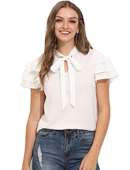 Romwe Women's Stretchy Short Sleeve Layered Bow Tie Neck Work Office Blouse Shirt Top