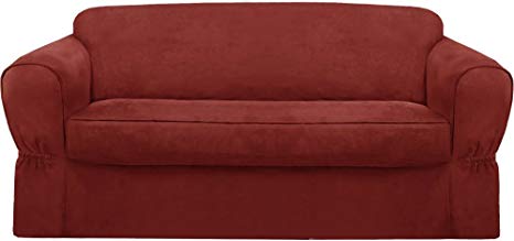 MAYTEX Piped Suede 2-Piece Sofa Furniture Cover/Slipcover, Red