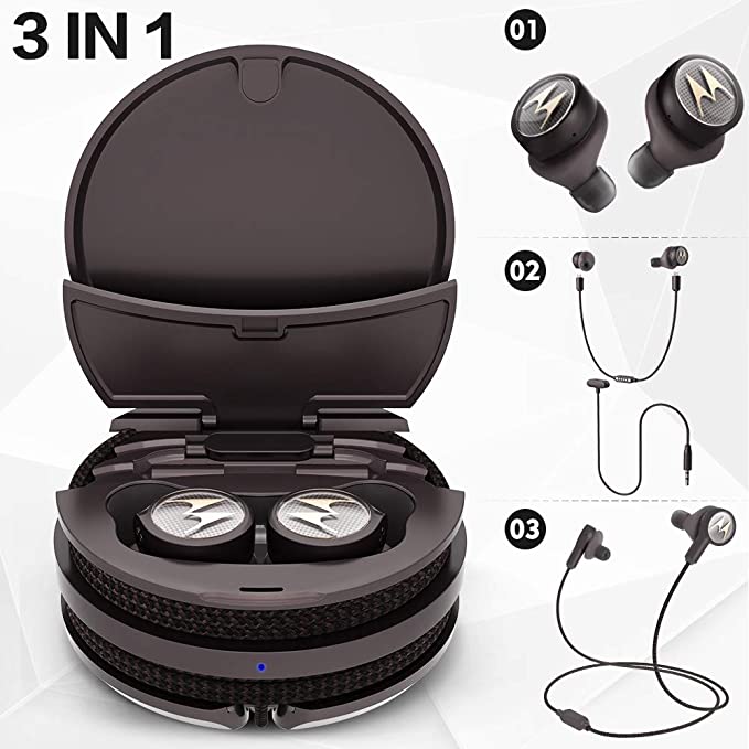 Motorola Tech3 3-in-1 Smart True Wireless Headphones - Cordless Earbuds, Sport Wire, Audio Plug-in - Sweatproof, Built-in Microphone, Charging Case with Cable Storage System - Mocha-Bronze