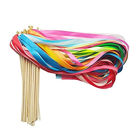 Ribbon Wands Mix Color Chromatic Silk Ribbon with Bells Fairy Stick Wish Wands for Wedding Party Activities(Pack of 30)