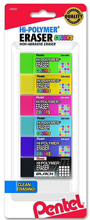 Pentel Hi-Polymer Block Eraser, Small, Assorted Colors, 6 Pack (ZEH05CRBP6M)