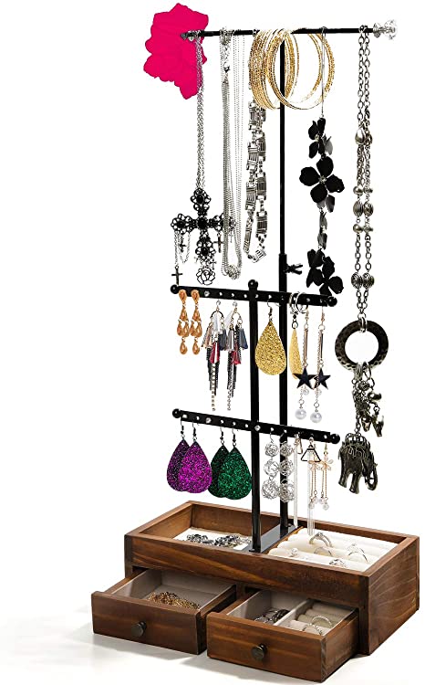 Jewelry Organizer - 3 Tier Jewelry Tree Stand, Metal & Wood Jewelry Storage Box Display with Adjustable Height for Necklaces Bracelet Earrings and Ring, Wonderful Gift for Girls (A)