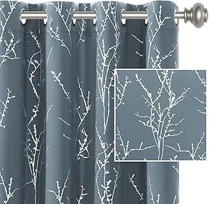 H.VERSAILTEX Blackout Curtains for Bedroom Foil Print Twig Tree Branch Thermal Insulated Grommet Curtain Drapes Light Blocking Thick Soft Window Curtains for Living 52 x 84 Inch Stone Blue 2 Panels