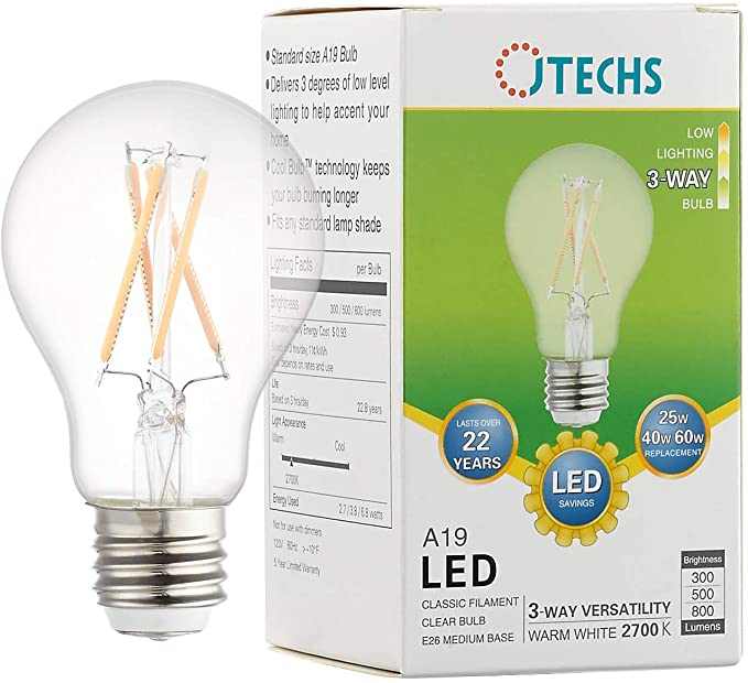 JTechs 1 Pack 3 Way Clear LED A19 Bulb 2700K, Warm White. Create The Accent Lighting You Want with This 25-40- 60 Watt Replacement! Flip The Switch from 300 to 500 to a Full 800 Lumens of Light.
