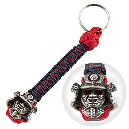 Cool Paracord Keychain - Decorated with Hand-Casted Polished Samurai Helmet Bead - Unique Design - Used with Keys, Knives, Flashlights, Cameras - US Military Grade Type III 550 Lb Cord