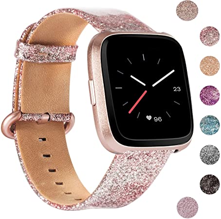 Wearlizer Bling Wide Leather Band Compatible with Fitbit Versa/Versa Lite/Versa SE/Versa 2,Vintage Genuine Soft Replacement Women Gift Large Small Strap