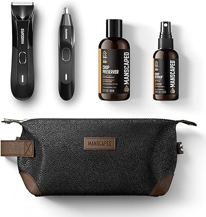 MANSCAPED® Grooming Essentials 4.0 Includes The Lawn Mower™ 4.0 Groin Hair Trimmer, Weed Whacker™ 2.0 Nose Hair Trimmer, Crop Preserver™ Ball Deodorant, Crop Reviver™ Spray Toner, Shed Toiletry Bag