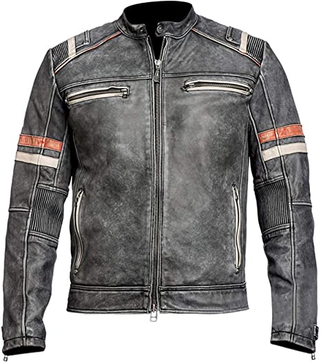 CHICAGO-FASHIONS Men's Retro Biker Vintage Cafe Racer Motorcycle Distressed Black Leather Jacket