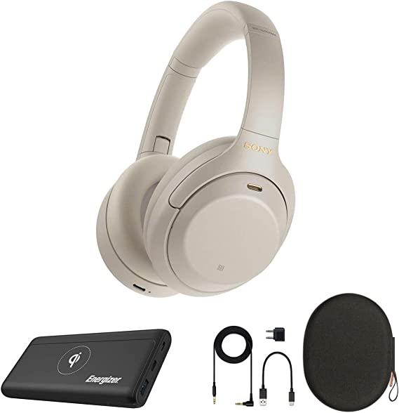 Sony WH-1000XM4 Wireless Over The Ear Noise Cancelling Headphones, Silver with 10000mAh Qi Wireless Charger