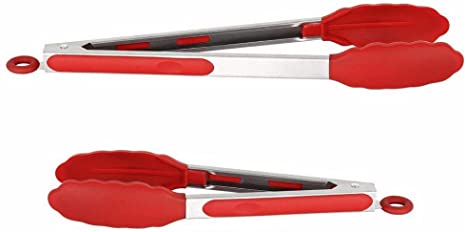 Kitchen Tongs, Set of 2 – 9 inch & 12 inch Food Tongs, Stainless Steel and Non-Stick Heat-Resistant Silicone Tips & Silicone Grips, Locking Cooking Tongs For Cooking, Serving, BBQ & Salad (Red)