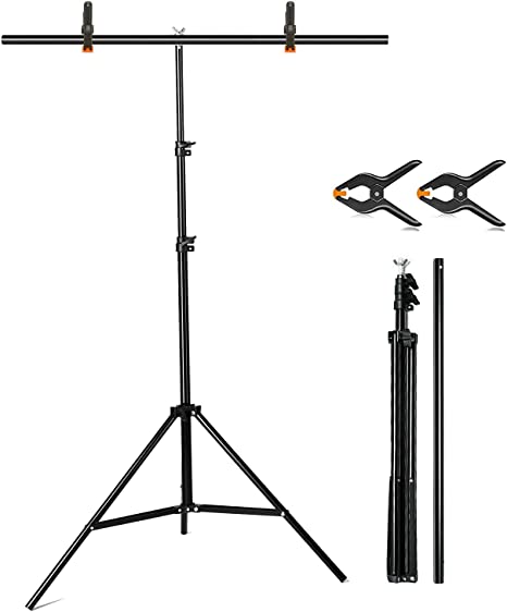 BEIYANG 2.62x6.56ft T-Shape Portable Background Backdrop Stand Kit, Adjustable Tripod Support Stand System Kit with 2 Tight Clamps for Video Studio Photography Camera Frame