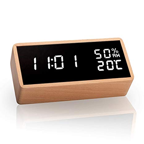 meross Alarm Clock, Wooden Digital Alarm Clocks Non Ticking Full Range Brightness Dimmer, Simple Operation for Bedrooms, Bedside, Desk, Shelf(Beech)