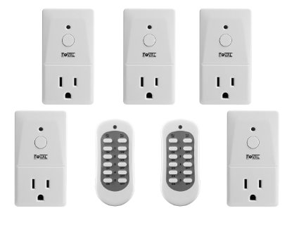 Remote Control Switch, Foval Wireless Remote Control Electrical Outlet Switch Plug for Light and Household Appliances Home Automation Devices(Small Size, White, 5Rx-2Tx) (Including 3 batteries)