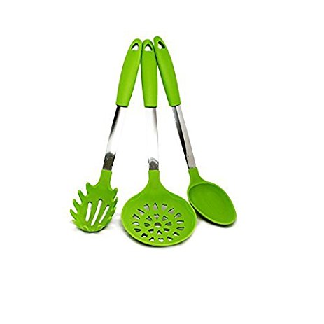 Quicklids QL-US-B-GR Silicone and Stainless Steel Kitchen Spoon (Set of 3), Serving/Draining/Pasta Spoon, Green